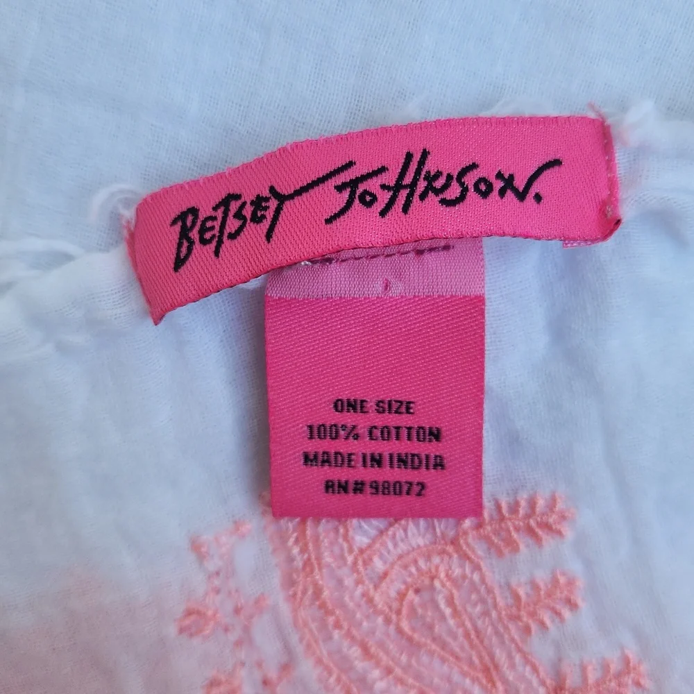 Betsey Johnson Scarf Wrap 100% Cotton Floral White with Pink Embroidery